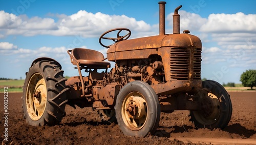 Produced a realistic picture of a foggy sky and an ancient, rusted tractor in a field.