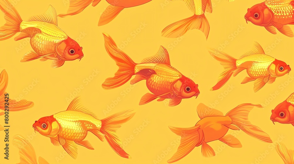 Goldfish in motion, seamless vector pattern, golden yellow background, vibrant and lively magazine cover, top view Goldfish in motion, seamless vector pattern, golden yellow background, vibrant and lively magazine cover, top view