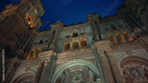 Facade of the Malaga Cathedral at night in Andalusia, Southern Spain.