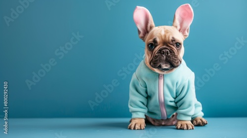 cute and cool french bulldog dog mascot wearing a jogging suit with bunny ears generative ai