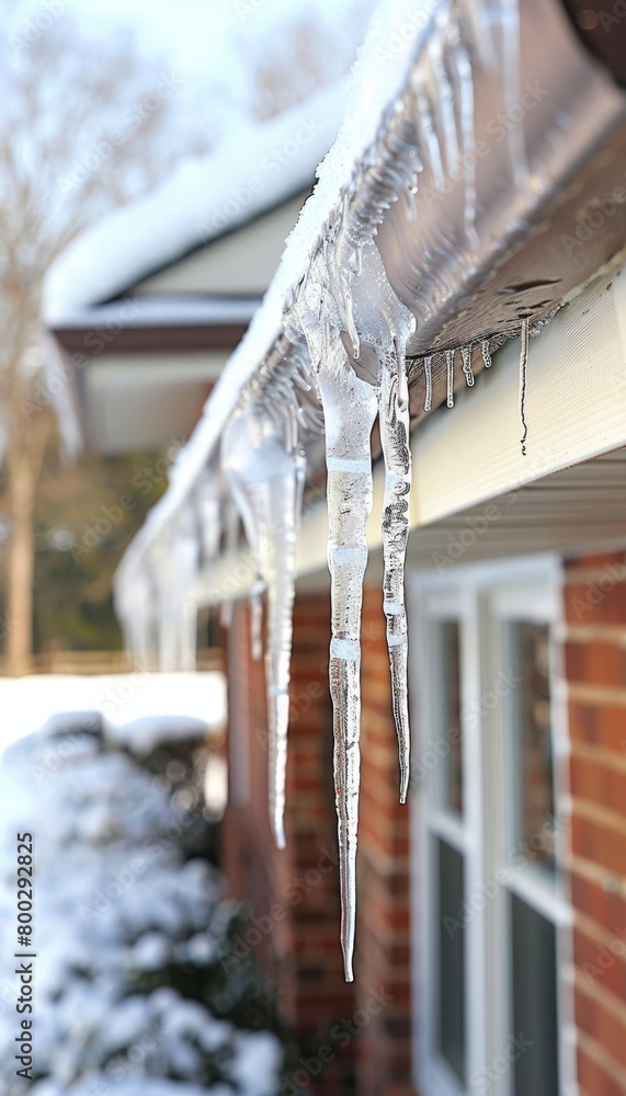 Icicles hanging from the roof of a house, a winter scene with frozen water formations Icicles hanging from the roof of a house, a winter scene with frozen water formations