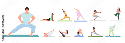 Man and woman cartoon characters exercising doing different pilates exercises isolated on white