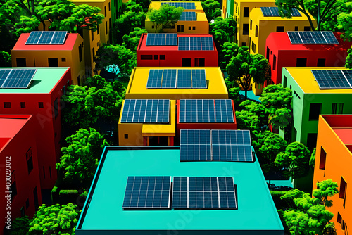 A 3D illustration showcasing a sustainable neighborhood with vibrant houses equipped with solar panels, promoting green energy