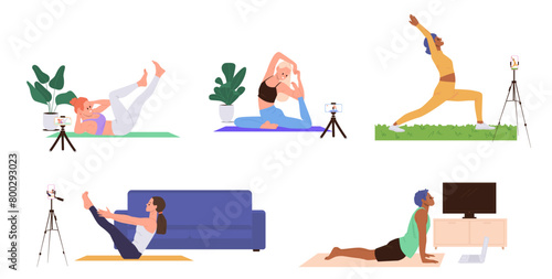 Pilates blog set with diverse people trainer cartoon characters demonstrating various exercises