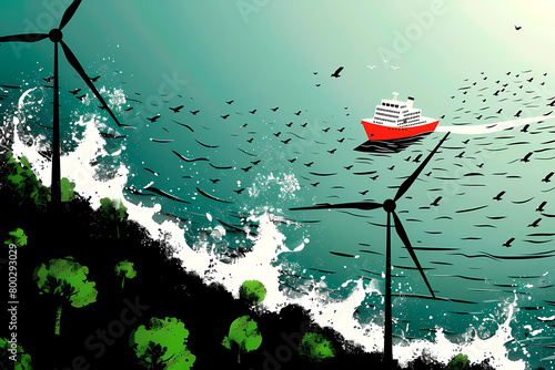 An elegant 3D illustration portraying a cruise ship navigating through waters near towering offshore wind turbines, reflecting renewable energy sources