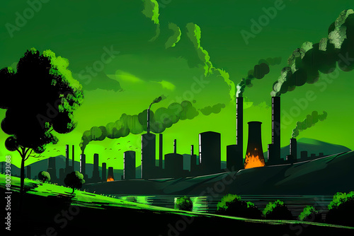 A 3D illustration of a green-themed industrial landscape showcasing environmental pollution and smog emanation from factories