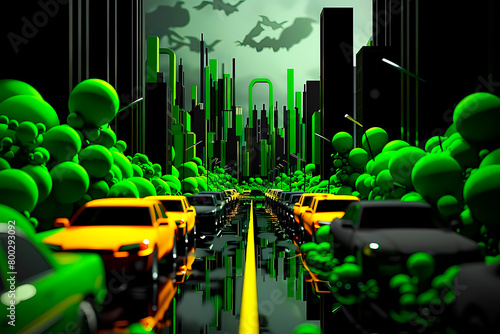 This 3D illustration presents a futuristic green city with a heavy traffic congestion of vibrant cars under neon lights