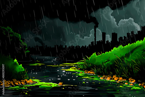 An atmospheric 3D illustration depicting a polluted river with garbage amidst a rainy urban landscape and city silhouette