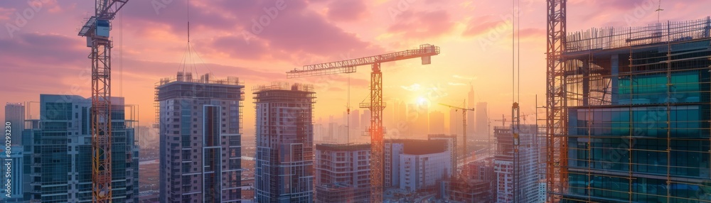 Panoramic view of a large construction site with multiple cranes in a city
