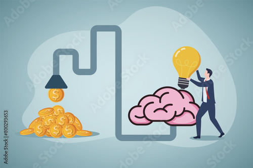 Finance head. Businessman put idea into brain, coins come out. Business concept vector