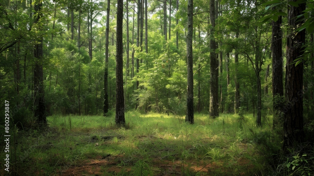 A dense forest dominated by a multitude of lush green trees, creating a thick canopy overhead. The trees are densely packed together, with their vibrant green foliage creating a striking contrast