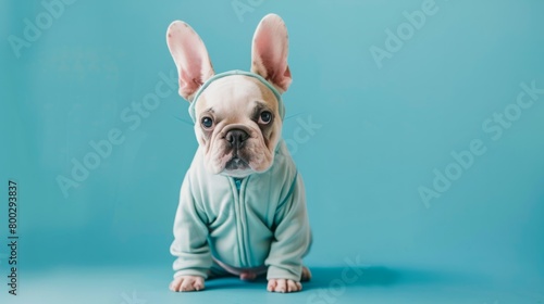 cute and cool french bulldog dog mascot wearing a jogging suit with bunny ears generative ai