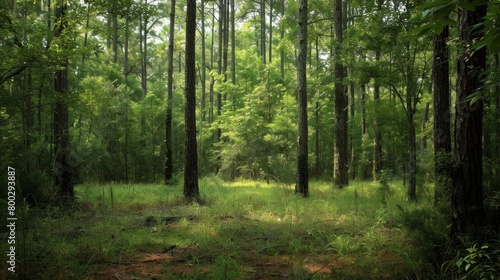 A dense forest dominated by a multitude of lush green trees, creating a thick canopy overhead. The trees are densely packed together, with their vibrant green foliage creating a striking contrast