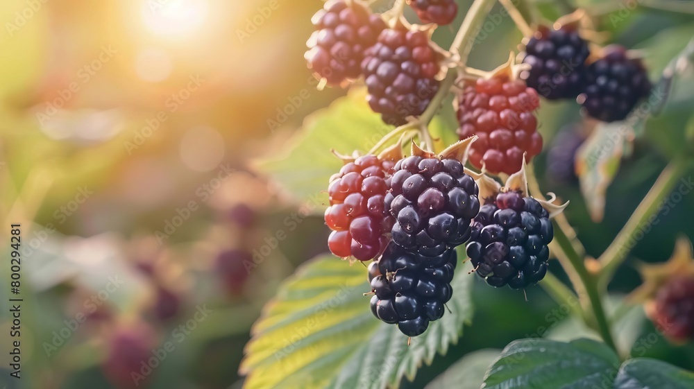 Blackberries grow in the garden. Ripe and unripe blackberries on bush Generative AI, Blackberries grow in the garden. Ripe and unripe blackberries on bush Generative AI,