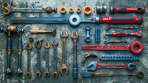 Repair tools. Wrench and screwdriver on rusty background