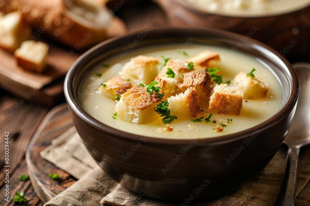 solitary potato soup with bread pieces