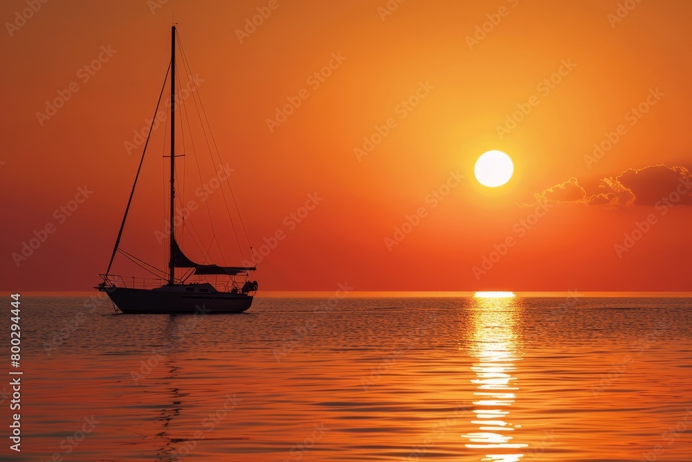 Fototapeta premium Sailing boat in a coral sunrise