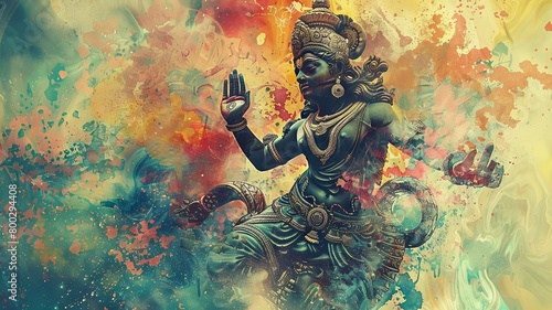 Powerful Indian Mythological Figure Statue in Vibrant Digital Wallpaper Design photo