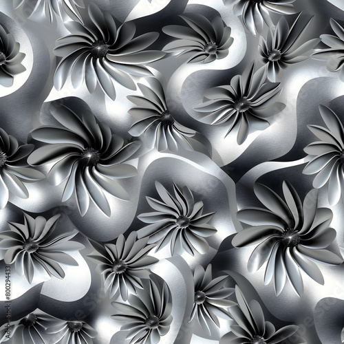 A silver and black flower pattern with many small black dots. The pattern is very intricate and detailed. Generative Ai