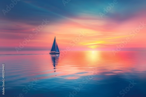 Sailing boat on peaceful sea at sunset