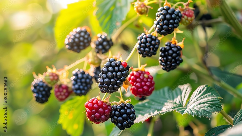 Blackberries grow in the garden. Ripe and unripe blackberries on bush Generative AI, Blackberries grow in the garden. Ripe and unripe blackberries on bush Generative AI,