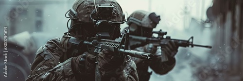 Soldiers in Tactical Defensive Position Weapons Primed in Urban Warfare Setting photo