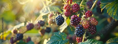 Blackberries grow in the garden. Ripe and unripe blackberries on bush Generative AI,