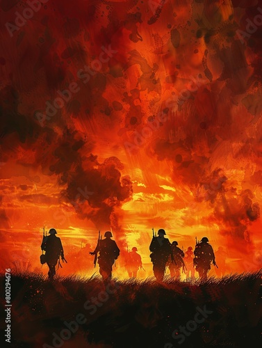 Soldiers Silhouettes Marching Against Fiery Apocalyptic Sky with Dramatic Lighting