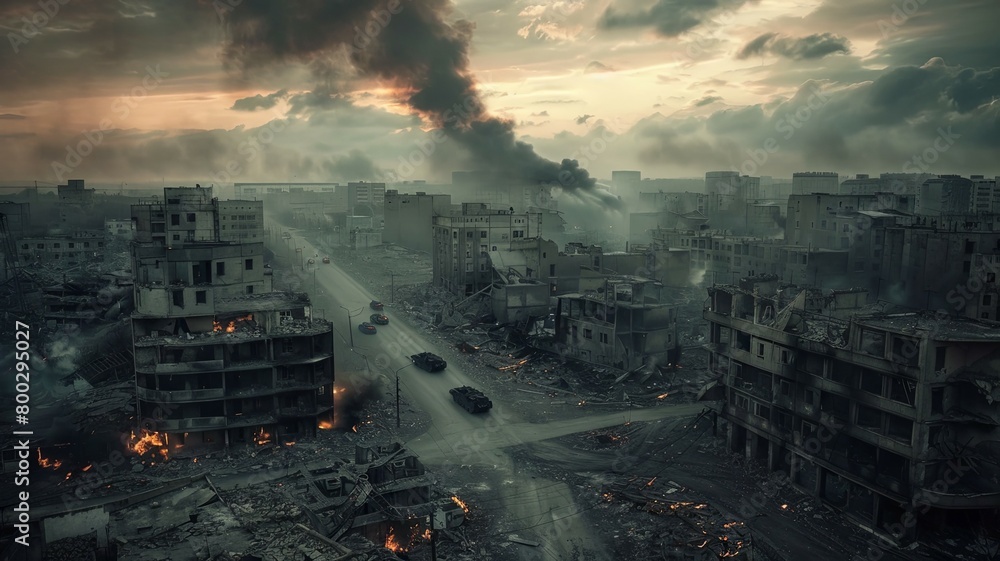 Aerial View of War Torn City with Ruins Military Vehicles and Dramatic Cloudy Sky