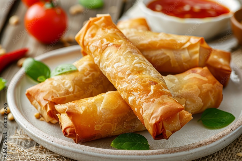 Savory phyllo pies with sauce plus spring rolls Savory phyllo pies with sauce plus spring rolls