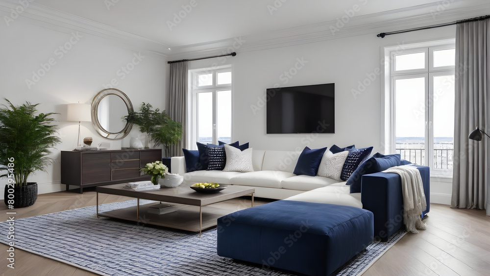 Fototapeta premium Navy and white color living room interior AI generated