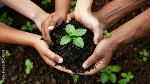 A group of diverse hands holding a plant growing out of soil