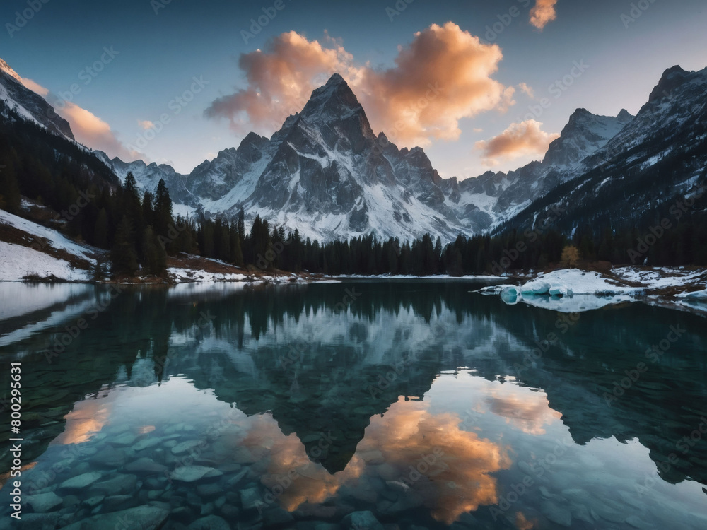 Alpine wonderland, A magical landscape of towering mountains and sparkling lakes.