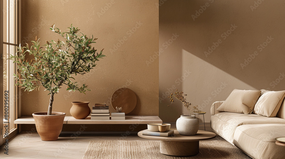 A minimalist living room with a large potted olive tree, a sofa, a coffee table, and a few decorative objects. The room is decorated in warm, neutral colors. A minimalist living room with a large potted olive tree, a sofa, a coffee table, and a few decorative objects. The room is decorated in warm, neutral colors.