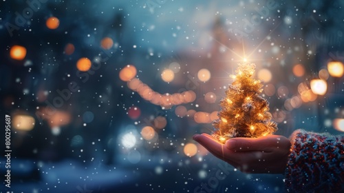 Hand holding a small illuminated Christmas tree against a snowy night backdrop.