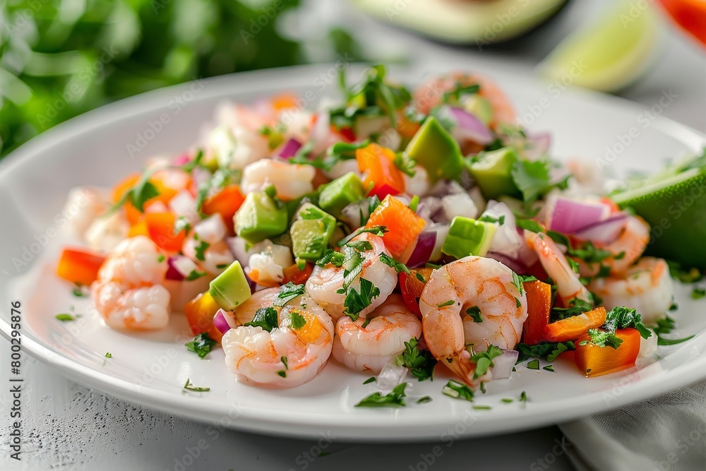 Shrimp ceviche with avocado on white table Shrimp ceviche with avocado on white table