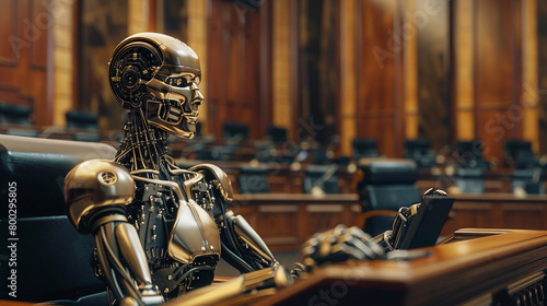 A robot sitting in a courtroom photo