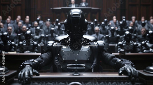 A robot sits in a courtroom, wearing all black and a helmet. The robot is surrounded by humans in suits. #800296091