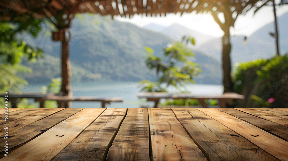 Product display template montage wooden table top with blurred background of lake and mountain, riverside picnic area
