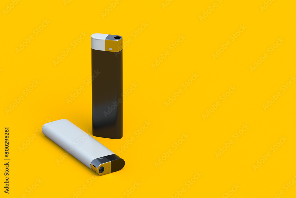 Two lighters for cigarette on orange background. Smoker accessories. Disposable flammable equipment. 3d render Two lighters for cigarette on orange background. Smoker accessories. Disposable flammable equipment. 3d render