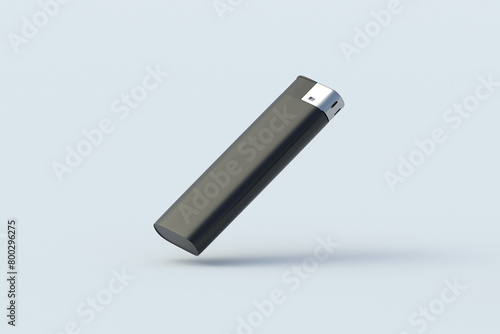 Falling lighter for cigarette on gray background. Smoker accessories. Disposable flammable equipment. 3d render photo