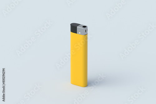 Portable lighter for cigarette on gray background. Smoker accessories. Disposable flammable equipment. 3d render