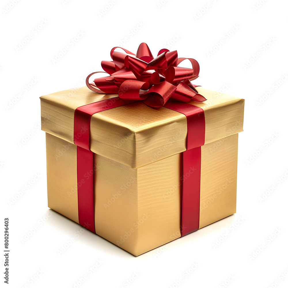 Obraz premium Golden gift box with a red ribbon bow on a white background 
