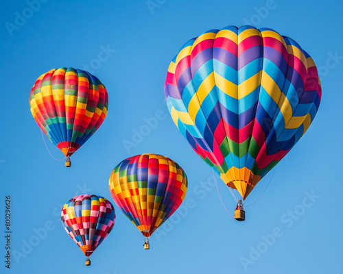 Hot air balloons in various colors floating in a clear blue sky.