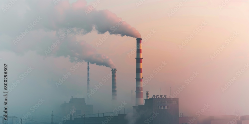 Industrial smokestacks emit dense smoke into the sky at dawn, representing environmental pollution concerns.