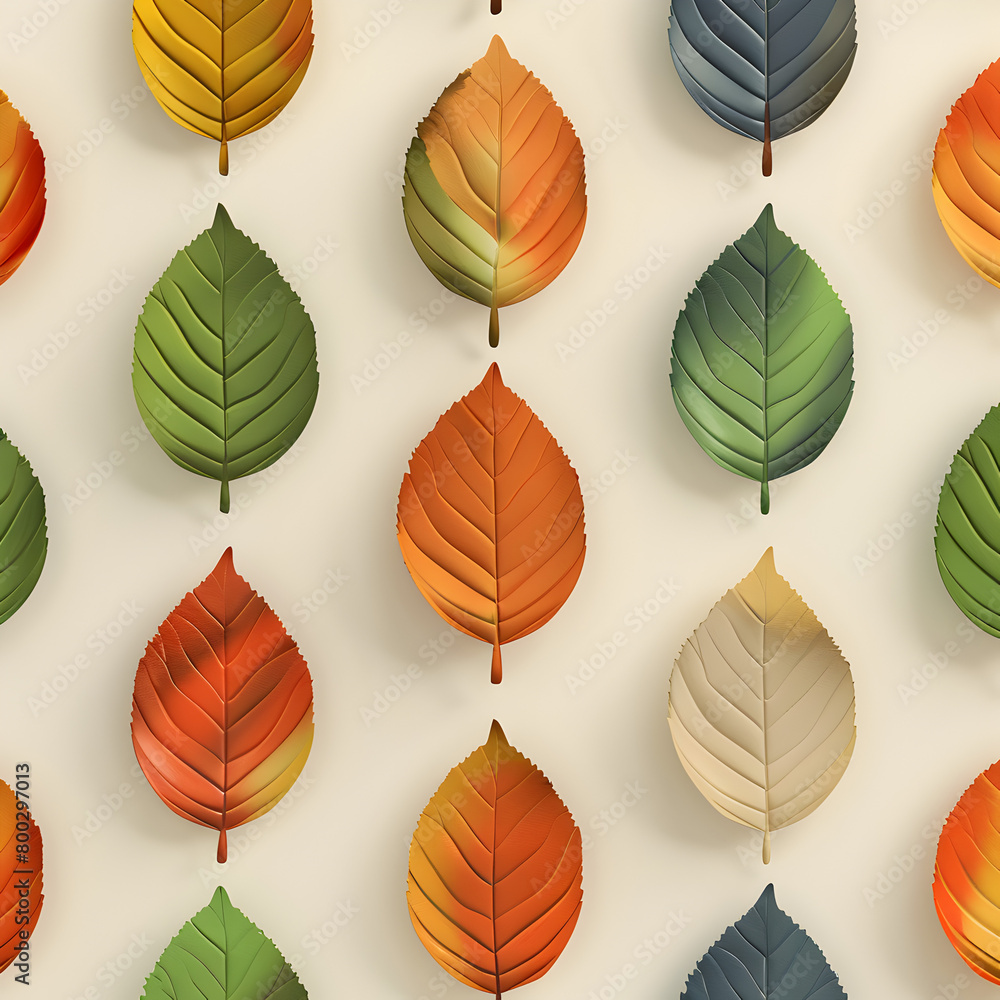 Fototapeta premium A collection of leaves in various colors, including green, red, and yellow. The leaves are arranged in a pattern, with some overlapping and others standing alone. Generative Ai