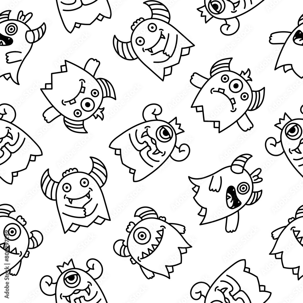 Fototapeta premium Cute kawaii monster. Seamless pattern. Coloring Page. Cartoon scary funny Halloween character. Hand drawn style. Vector drawing. Design ornaments.