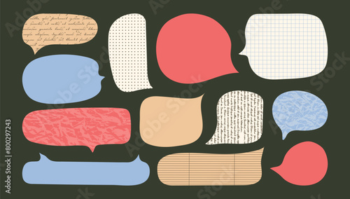 Set of collage paper cut elements of Speech bubbles. Cloud textbox set of notebook sheet. Simple text comment box collection