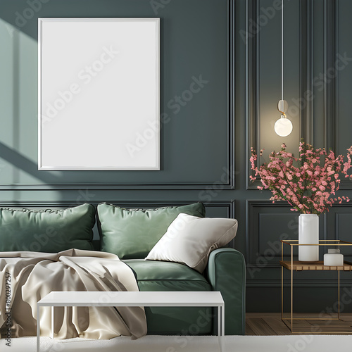 minimalist style bedroom apartement space morningday with green dark walls,green plants, cozy sofa with Interior Mockup with one white photo frame in the background photo