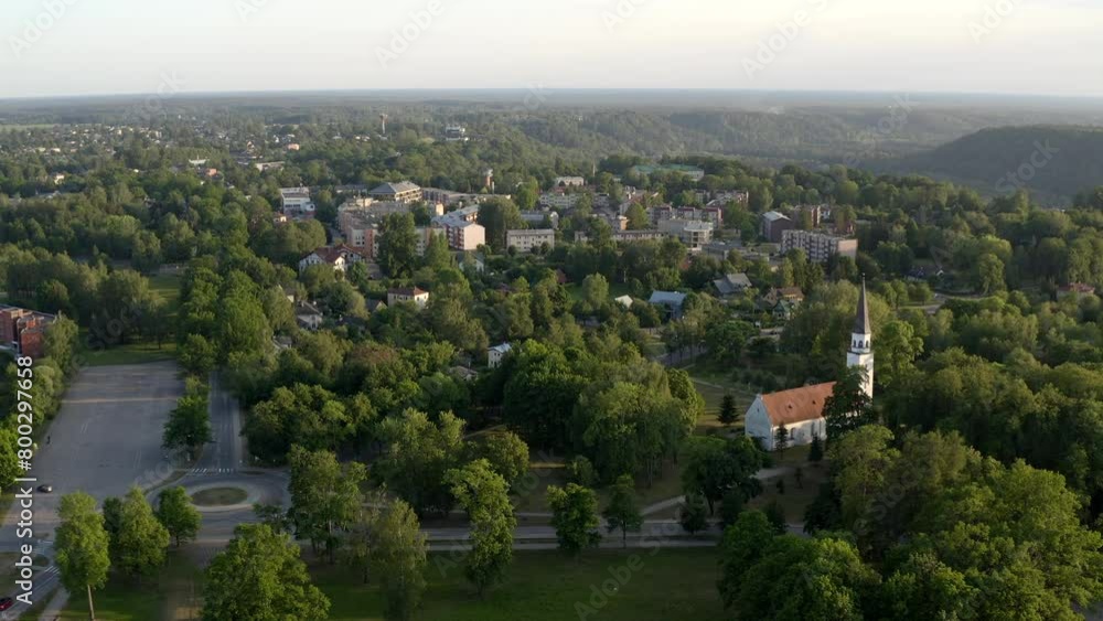 Latvia, Northern Europe, Sigulda. Establishing shoot of Eco Friendly city. Sunset flight Latvia, Northern Europe, Sigulda. Establishing shoot of Eco Friendly city. Sunset flight